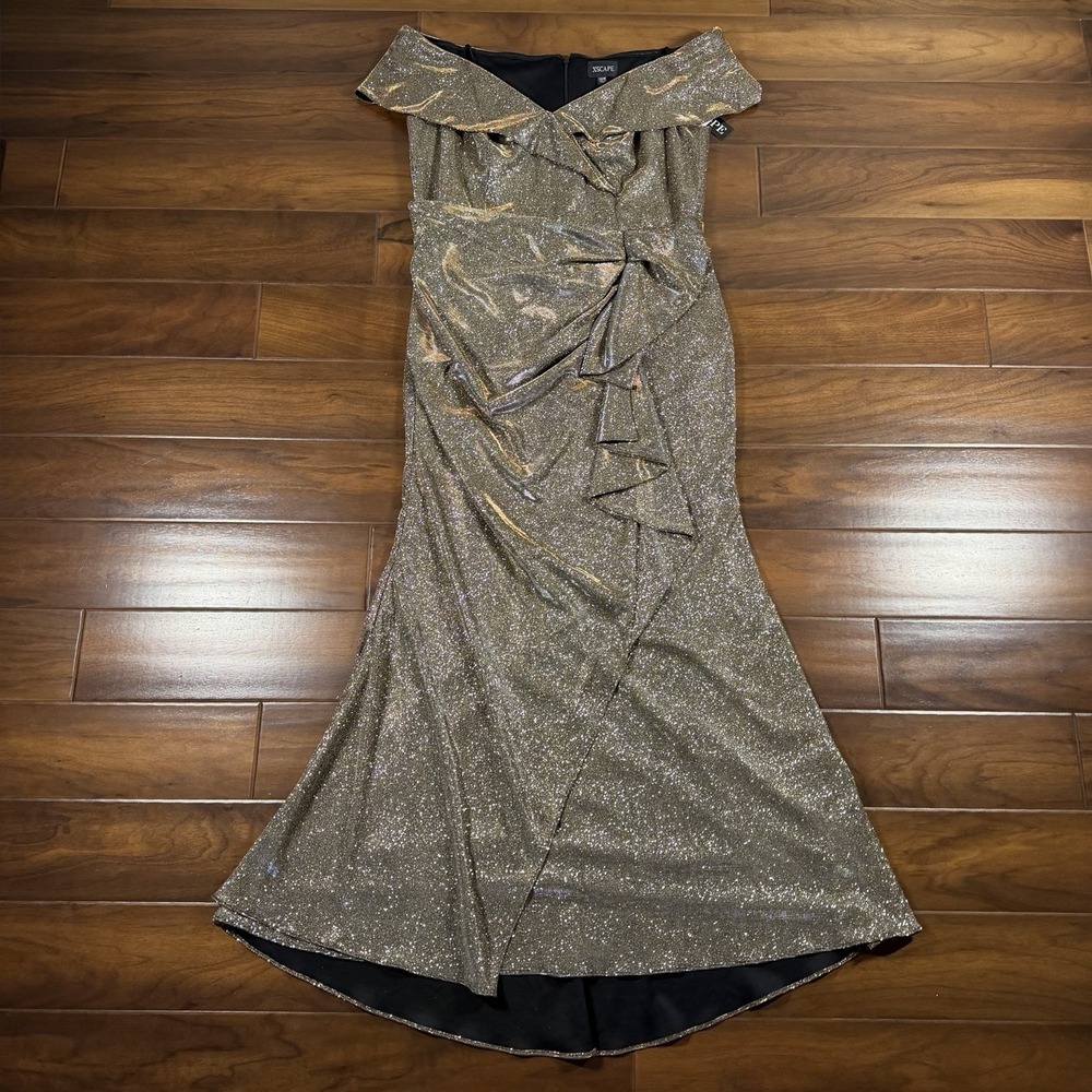 Xscape Women's Size 14 W Sand Metallic Off Shoulder Cascading Ruffle Gown Dress